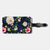 Stijlvol bloemmotief roze bloemen blauwe monogram  bagagelabel (Achterkant horizontaal)