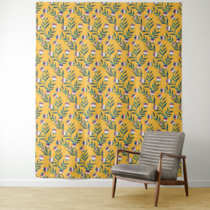 Stijlvol bloemmotive met stippen en groene bladere wandkleed