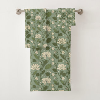 Stijlvol bloempatroon op lauriergroen bad handdoek