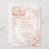 Stijlvol Bord Roze Sage Goud Bloemen Sweet 16 Uitn Kaart (Voorkant)