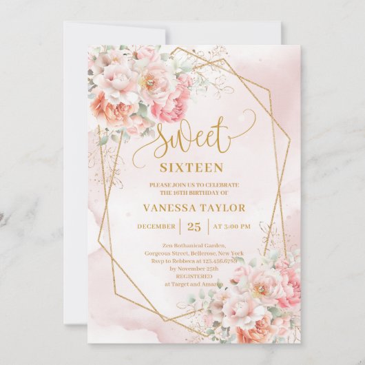 Stijlvol Bord Roze Sage Goud Bloemen Sweet 16 Uitn Kaart (Voorkant)
