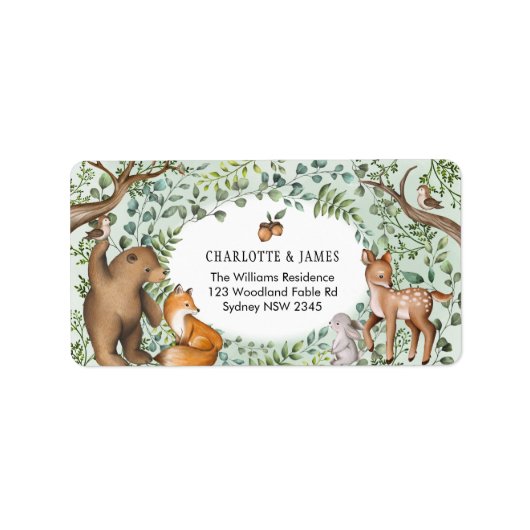 Stijlvol bos Woodland Baby Animals Greenery Etiket (Voorkant)