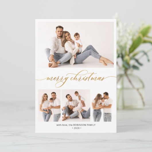 Stijlvol Botanisch Script 4 Multi Photo Christmas Feestdagenkaart (Staand voorkant)