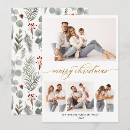 Stijlvol Botanisch Script 4 Multi Photo Christmas Feestdagenkaart