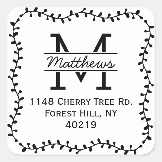 Stijlvol Botanische Grens Aangepast Monogram Vierkante Sticker (Voorkant)