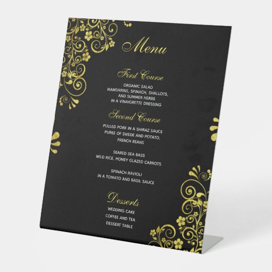 Stijlvol bruiloft Menu Black Gold Reclamebord Met Voetstuk (Voorkant)