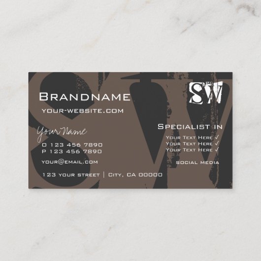 Stijlvol Bruin Grijs en Wit met Initialen Modern Visitekaartje (Achterkant)