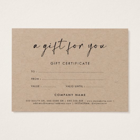 Stijlvol cadeaucertificaat voor kraft voor lettert visitekaartje (Achterkant)