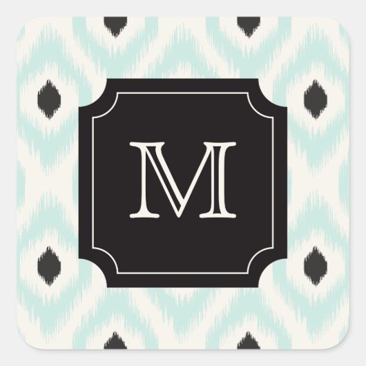 Stijlvol Chic Black Mint Diamond Ikat Monogram Vierkante Sticker (Voorkant)
