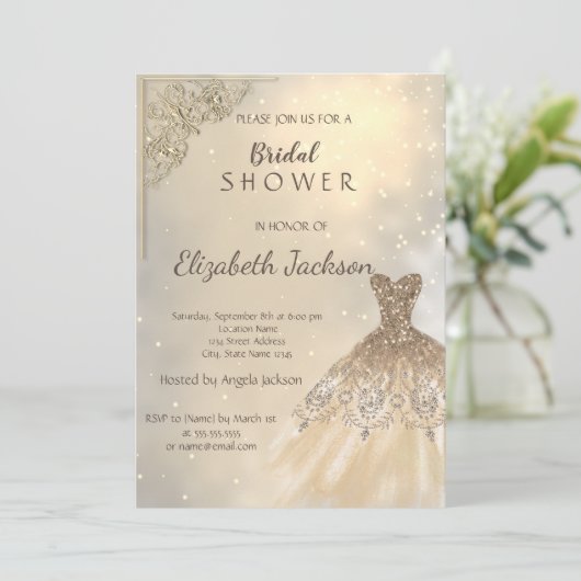 Stijlvol Chic Gold Glitter Dress Bridal Kaart (Staand voorkant)