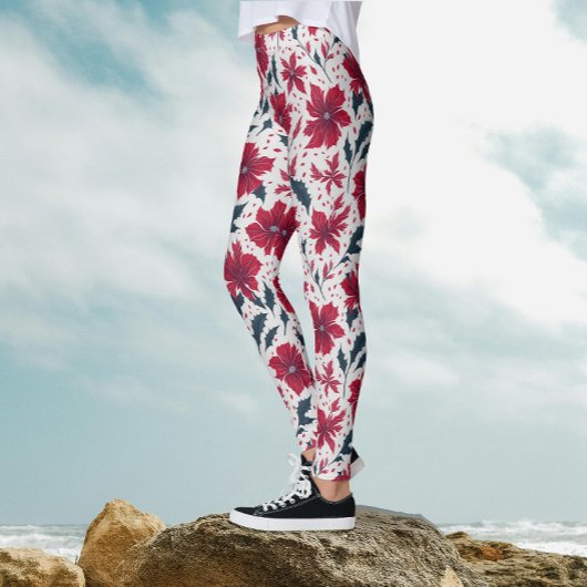 Stijlvol Chic Red White Poinsettia Bloemenpatroon Leggings