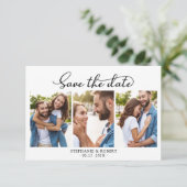Stijlvol chic script 3 foto collage bruiloft save the date (Staand voorkant)