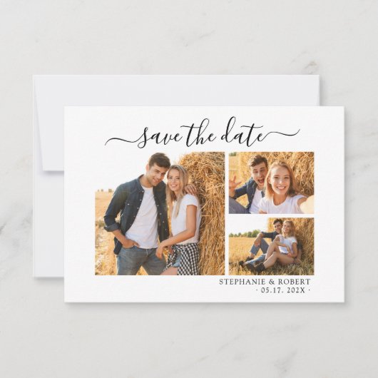 Stijlvol chic script 3 foto collage bruiloft save the date (Voorkant)