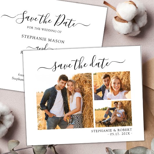 Stijlvol chic script 3 foto collage bruiloft save the date