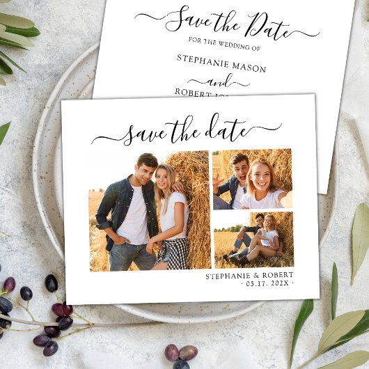 Stijlvol chic script 3 foto collage bruiloft save the date