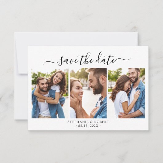 Stijlvol chic script 3 foto collage bruiloft save the date (Voorkant)