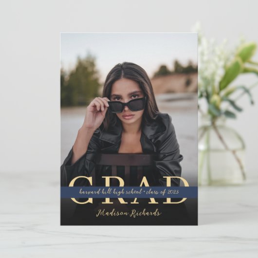 Stijlvol chique Navy Blue en Gold Photo Afstuderen Kaart (Staand voorkant)
