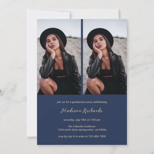 Stijlvol chique Navy Blue en Gold Photo Afstuderen Kaart (Achterkant)