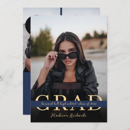 Stijlvol chique Navy Blue en Gold Photo Afstuderen Kaart (Voorkant / Achterkant)