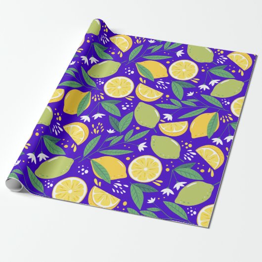Stijlvol Citrus Lemon Botanisch Patroon in Blauw Cadeaupapier (Uitgerold)
