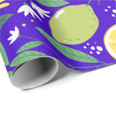 Stijlvol Citrus Lemon Botanisch Patroon in Blauw Cadeaupapier (Rol Hoek)
