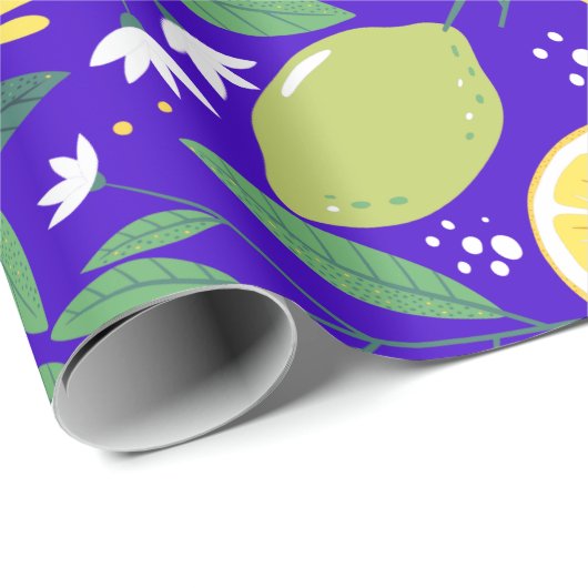 Stijlvol Citrus Lemon Botanisch Patroon in Blauw Cadeaupapier (Rol Hoek)