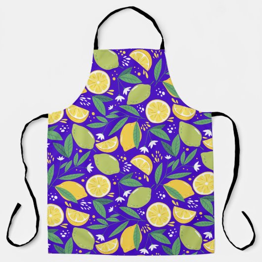 Stijlvol Citrus Lemon Botanisch Patroon in Blauw Schort (Voorkant)