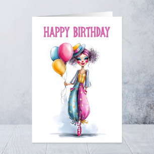Stijlvol clownmeisje met ballonnen verjaardag kaart