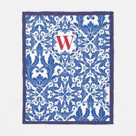 Stijlvol  damast navy Blue monogram Fleece Deken (Voorkant)