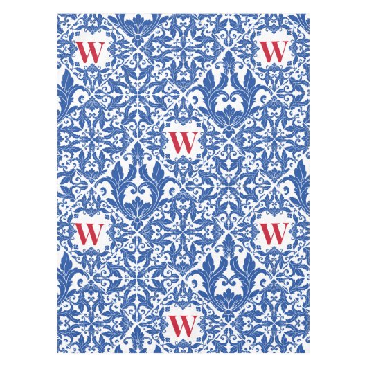 Stijlvol  damast navy Blue monogram Tafelkleed (Voorkant)