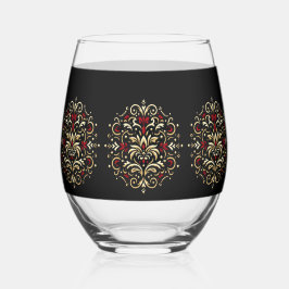 Stijlvol Damast Zwart Rood Goud Patroon Wijnglas Zonder Voet