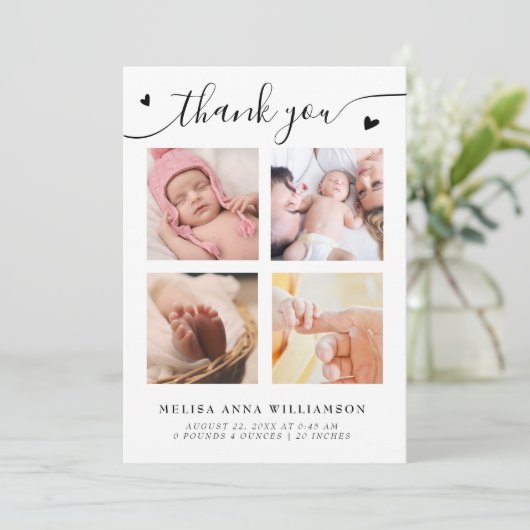 Stijlvol Dank u Script Fotocollage Geboorte Aankondiging (Staand voorkant)
