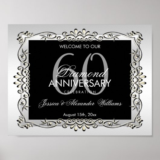 Stijlvol decoratief zilver 60th Wedding Jubileum Poster (Voorkant)