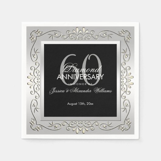 Stijlvol decoratief zilver 60th Wedding Jubileum Servet (Voorkant)