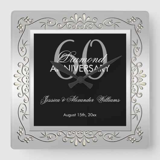 Stijlvol decoratief zilver 60th Wedding Jubileum Vierkante Klok (Voorkant)