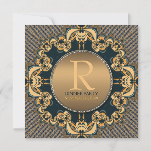 Stijlvol dinerfeest Monogram Teal Goud Uitnodiging (Voorkant)