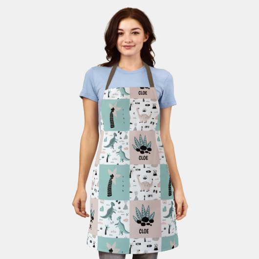 Stijlvol Dinosaur Block Pattern met Custom Name Ap Schort (Gedragen)