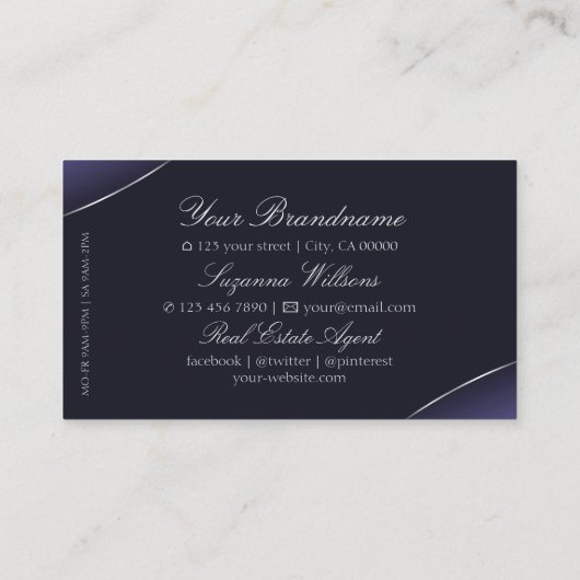 Stijlvol Donkerblauw met Chic Silver Border en Log Visitekaartje (Achterkant)