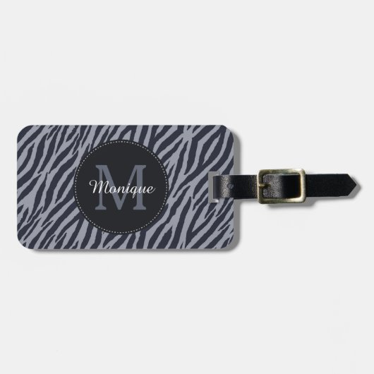 Stijlvol donkergrijze zebra Afdrukmonogram en naam Bagagelabel (Voorkant horizontaal)