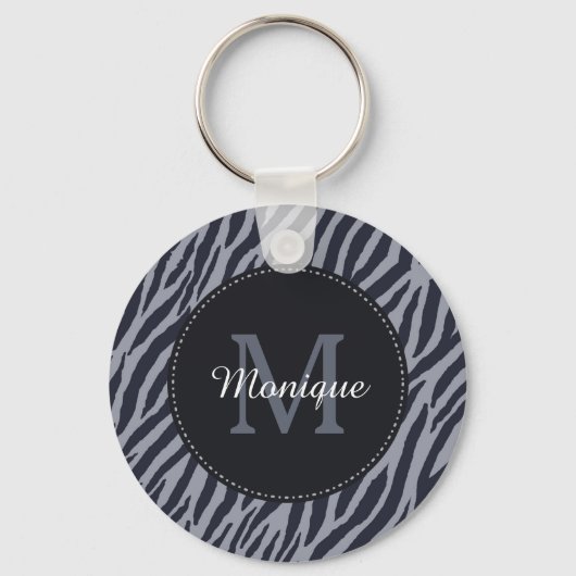 Stijlvol donkergrijze zebra Afdrukmonogram en naam Sleutelhanger (Voorkant)