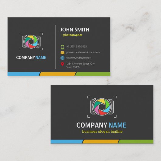 Stijlvol donkerkleurig camerasymbool visitekaartje (Voorkant / Achterkant)