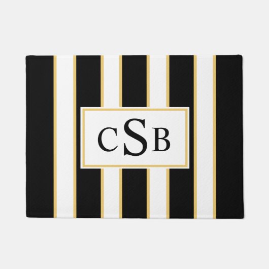 Stijlvol drielettermonogram| Zwart wit streep Deurmat (Voorkant)