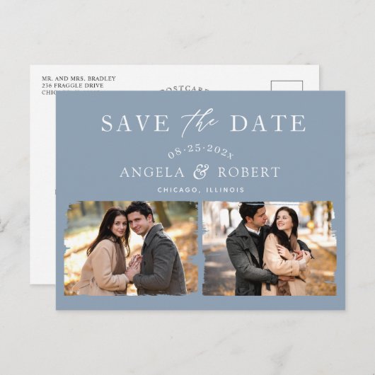 Stijlvol Dusty Blue 2 Foto slaat de datum op Briefkaart (Voorkant / Achterkant)