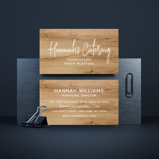 Stijlvol, eenvoudig hout, elegant script catering visitekaartje