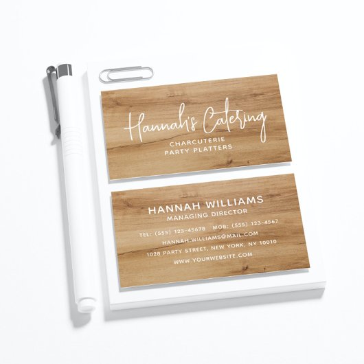 Stijlvol, eenvoudig hout, elegant script catering visitekaartje