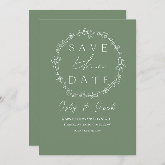 Stijlvol eenvoudig minimaal Elegant modern salie g Save The Date (Voorkant / Achterkant)