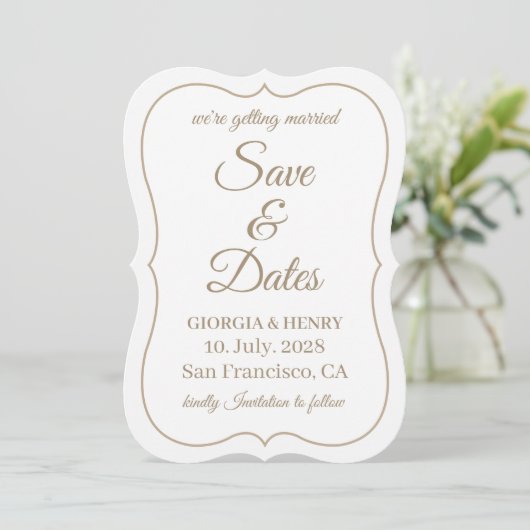 STIJLVOL EENVOUDIG MODERN MINIMALISCH WIT & BEIGE SAVE THE DATE (Staand voorkant)