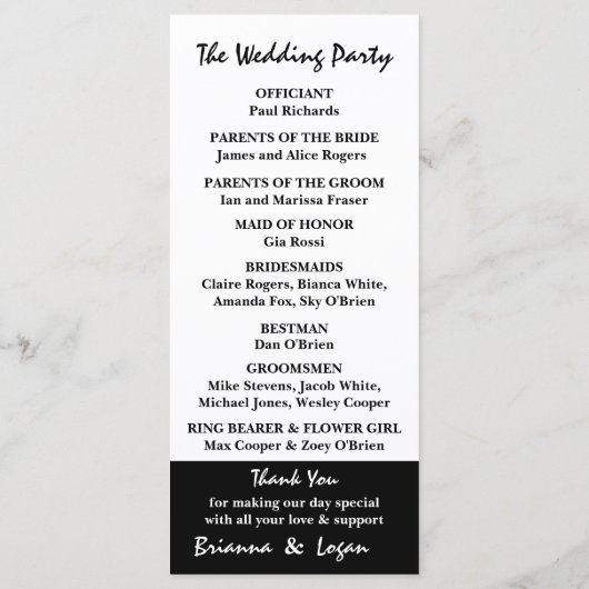 Stijlvol eigentijds zwart-wit bruiloft programma programmakaart (Achterkant)