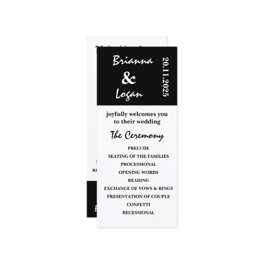 Stijlvol eigentijds zwart-wit bruiloft programma programmakaart (Voorkant / Achterkant in situ)