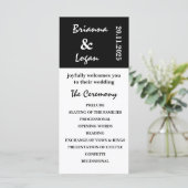 Stijlvol eigentijds zwart-wit bruiloft programma programmakaart (Staand voorkant)